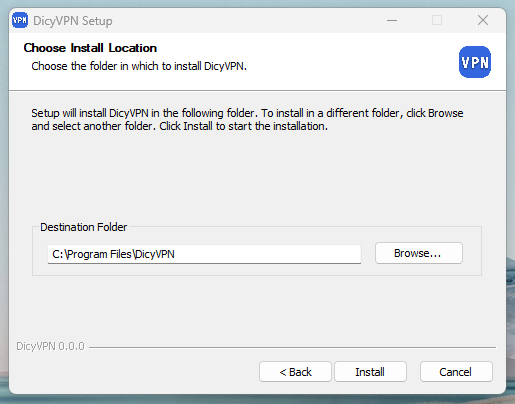 DicyVPN Installer choose path screen